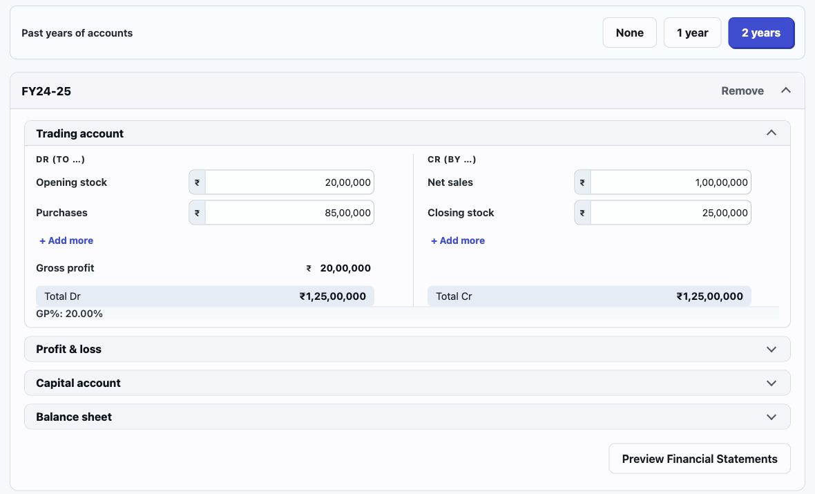 FY2024–25 historical accounts screen with the trading account expanded